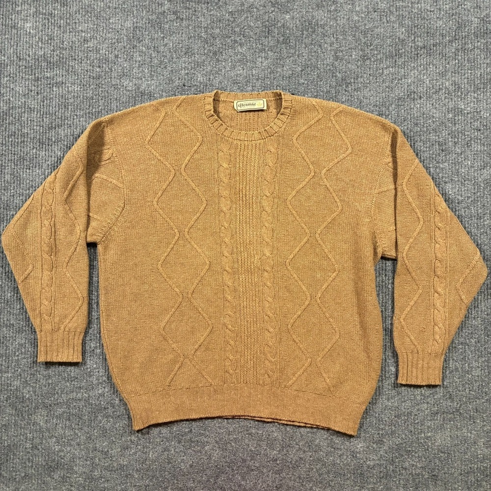Vintage Glenmac Scotland Mens Lambswool Cable Knit Sweater XL Brown UK Made